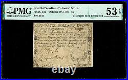 10/19/1776 South Carolina Colonial Note $6 Fr#132 PMG AU53 EPQ Midnight Ride