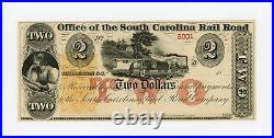 1800's $2 The Office of the SOUTH CAROLINA Rail Road Note with TRAIN AU/UNC