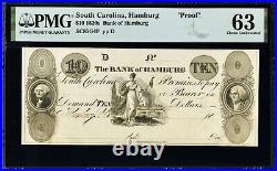 1820's South Carolina Bank Of Hamburg $10 Note PMG Choice Unc 63 Rare Proof
