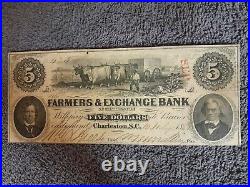 1856 $5 Charleston South Carolina Farmers and Exchange BankNote Great Condition