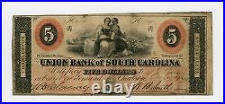 1859 $5 The Union Bank of South Carolina Charleston, SOUTH CAROLINA Note