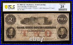 1860 $2 Dollar Bill South Carolina Bank Note Large Paper Money CIVIL War Pcgs 25