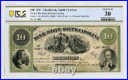 1861 $10 The Bank of the State of SOUTH CAROLINA Note CIVIL WAR Era PCGS VF 30