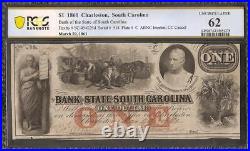 1861 $1 BILL SOUTH CAROLINA 45G26d BANK NOTE LARGE PAPER MONEY CIVIL WAR PCGS 62