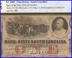 1861 $1 Dollar Bill South Carolina Bank Note Large Paper Money CIVIL War Pcgs 25