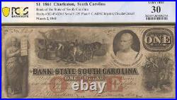 1861 $1 Dollar Bill South Carolina Bank Note Large Paper Money CIVIL War Pcgs 30