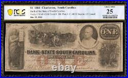1861 $1 Dollar South Carolina Bank Note Large Currency CIVIL War Money Pcgs 25