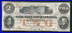 1861 $2 Bank Of The State Of South Carolina Charleston, Sc Obsolete Note Au