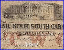 1861 $2 Dollar Bill South Carolina Bank Note CIVIL War Large Paper Money Pmg 25