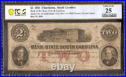 1861 $2 Dollar Bill South Carolina Bank Note Large Paper Money CIVIL War Pcgs 25