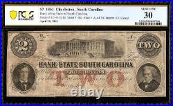 1861 $2 Dollar Bill South Carolina Bank Note Large Paper Money CIVIL War Pcgs 30