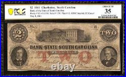 1861 $2 Dollar Bill South Carolina Bank Note Large Paper Money CIVIL War Pcgs 35