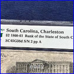 1861 $2 Dollar Serial # 2 South Carolina Bank Note Large Old Paper Money Pmg 20