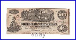 1862 Confederate States of America $100 Banknote, Richmond South Carolina