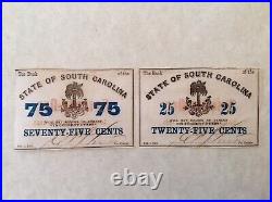 -1863 Bank Of The State Of South Carolina 25 & 75 Cents Uncut Confederate Notes