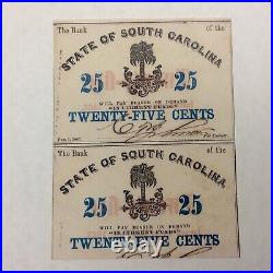 1863 Bank Of The State Of South Carolina 25 Cents 2 Uncut CIVIL War Notes