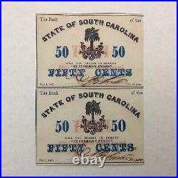 -1863 Bank Of The State Of South Carolina 50 Cents 2 Uncut Confederate Notes
