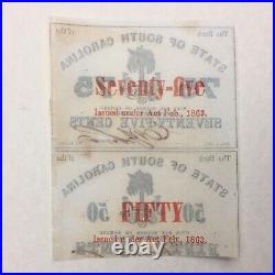 1863 Bank Of The State Of South Carolina 75 & 50 Cents 2 Uncut Notes