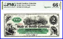 1866 $2 State of South Carolina Currency Gem Uncirculated PMG 66 EPQ- RARE NOTE
