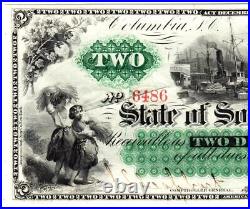 1866 $2 State of South Carolina Currency Gem Uncirculated PMG 66 EPQ- RARE NOTE