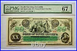1872 $20 Obsolete South Carolina, Columbia Revenue Bond Scrip PMG 67 Uncir