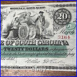 1872 $20 South Carolina Revenue Bond Scrip Fifty Dollars Obsolete Antique Note