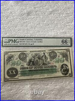 1872 $20 State of South Carolina Columbia, SC Obsolete Note PMG 66 EPQ