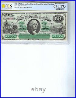 1872 $50 Revenue Bond Script Columbia, South Carolina PCGS Bnk 67 Superb Gem PPQ