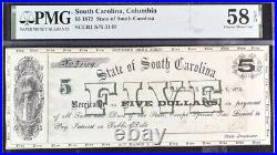 1872 $5 (Five Dollars) South Carolina, Columbia PMG 58 EPQ About Unc Banknote