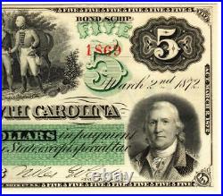 1872 $5 The State of South Carolina, PMG 66 GEM UNCIRCULATED EPQ- WOW STUNNING