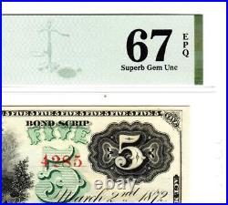 1872 $5 The State of South Carolina, PMG 67 SUPERB GEM UNC EPQ- WOW STUNNING