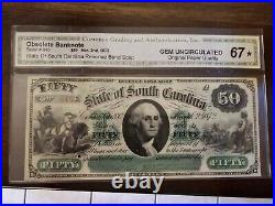 1872 State Of South Carolina $50 Bank Note Gem UNC MS67 Star Low Serial #
