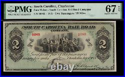 1873 $2 South Carolina, Charleston Rail Road Co. Fare Ticket Graded PMG 67 EPQ