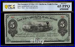 1873 $5 Charleston, South Carolina Rail Road Co. Fare Ticket PCGS 65 PPQ