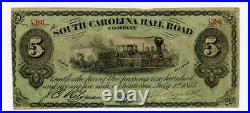1873 South Carolina Railroad Wood Burning Train Charleston 5 Dollar Note