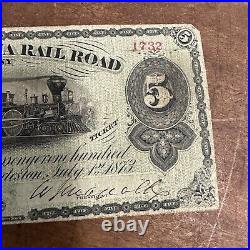 1873 The South Carolina Rail Road Company $5 Fare Ticket No. 1732
