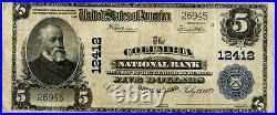 1902 $5 Columbia, South Carolina Plain Back National Bank Note Fr #609 CH #12412