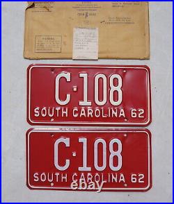 1962 South Carolina License Plate PAIR / SET Low # C 108