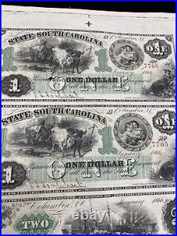 1- 1866 South Carolina Revenue Bond Scrip Sheets $1,1,2,2, cancelled 2 available