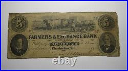 $5 1855 Charleston South Carolina SC Obsolete Currency Bank Note Bill! Farmers