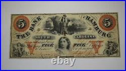 $5 1860 Hamburg South Carolina Obsolete Currency Bank Note Bill Bank of Hamburg