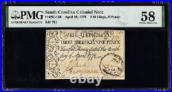 April 10, 1778 South Carolina Colonial 3 Shillings 9 Pence Note PMG Choice AU58