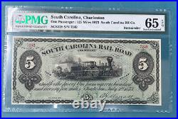 Fare Ticket South Carolina RailRoad Co. Charleston $5 1873 PMG GEM 65 EPQ