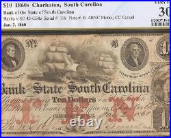 LARGE 1860 $10 BILL SOUTH CAROLINA BANK NOTE OLD PAPER MONEY SC45G58e PCGS 30