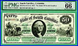 Low Three Digit Serial #837 1872 $50 South Carolina, Columbia Pmg Gem 66 Epq