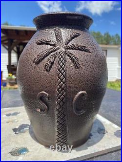 MARVIN BAILEY Southern Prim. Folk Art Pottery Palmetto Tree Crock South Carolina