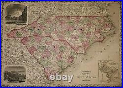 Old Civil War Era 1864 Johnson's Atlas Map NORTH & SOUTH CAROLINA Original
