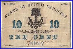 RARE No S 1863 STATE OF SOUTH CAROLINA 10 CENTS OBSOLETE BANKNOTE