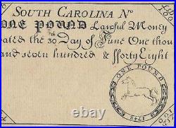 Reprint Apr 10, 1748 South Carolina Colonial Currency Horse Note Sc-58 Pmg 64