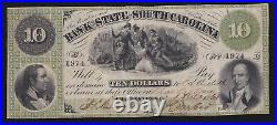 US $10 1861 Bank of the State of South Carolina Obsolete Currency Note VF (974)
